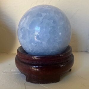 Blue Calcite Crystal Sphere w/ Wooden Stand